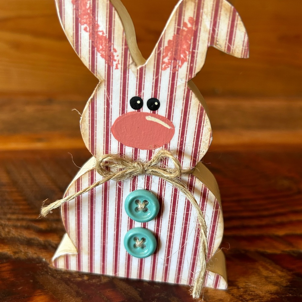 Striped Bunny Figurine with Blue Buttons